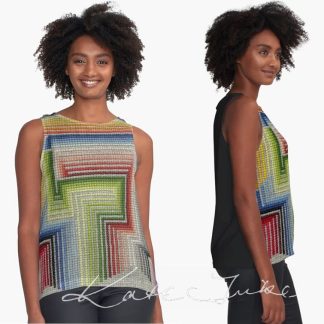 Sleeveless top printed with 'Being pulled 6 strings'